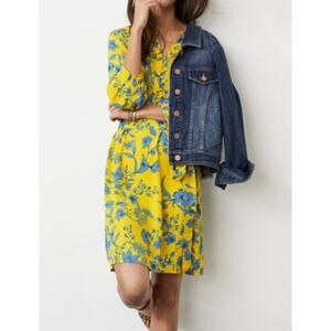 Women's Cabi Lemon Drop Yellow Blue Midi Floral Long Sleeve Tie Wasit Dress Sz L